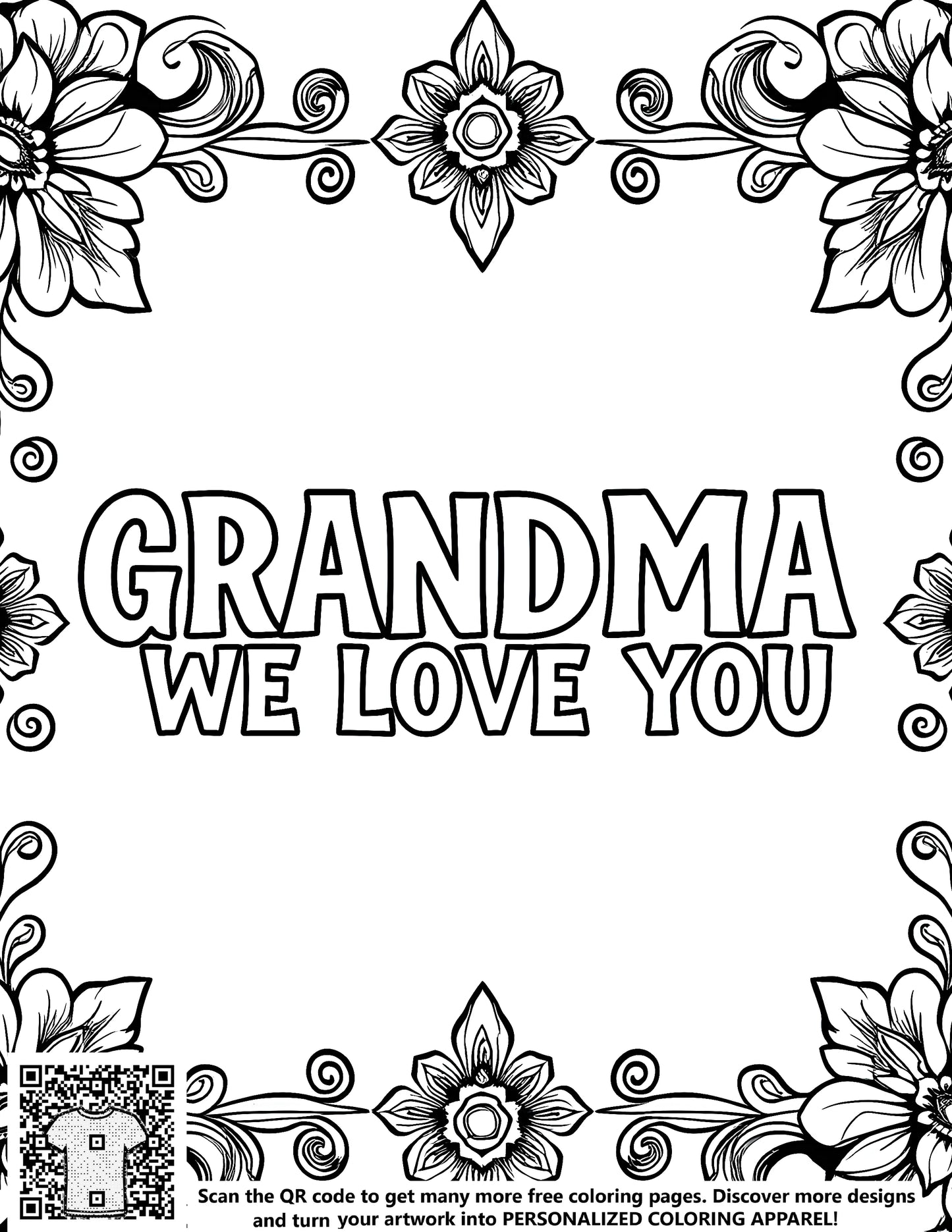 FREE Grandma We Love You Floral Border Coloring Page Download