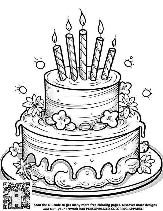 FREE Birthday Cake Coloring Page - Printable Two-Tier Cake with Candles and Flowers