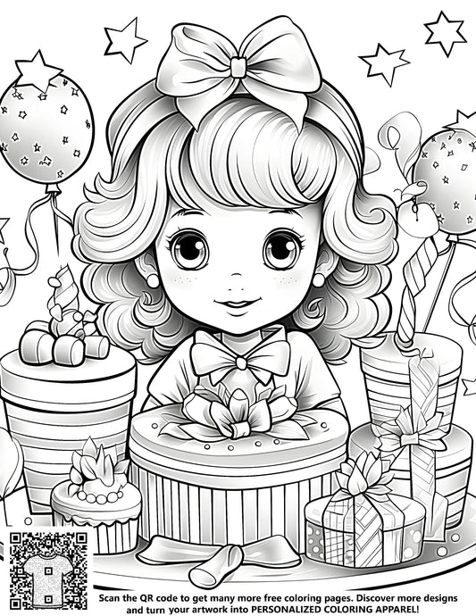 FREE Coloring Page - Cute Girl with Birthday Presents and Balloons - Printable Download