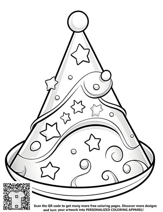 FREE Party Hat Coloring Page - Printable Black and White Outline with Stars and Swirls