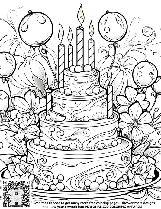 FREE Birthday Cake Coloring Page - Printable Black and White Illustration with Candles, Balloons, and Flowers Download