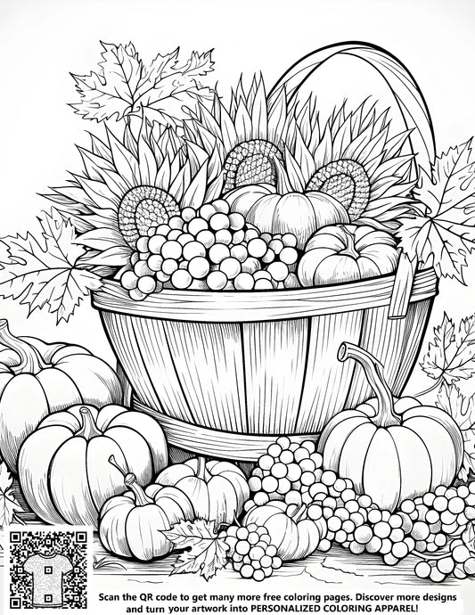 FREE Harvest Basket Coloring Page - Printable Autumn Leaves and Pumpkins Download