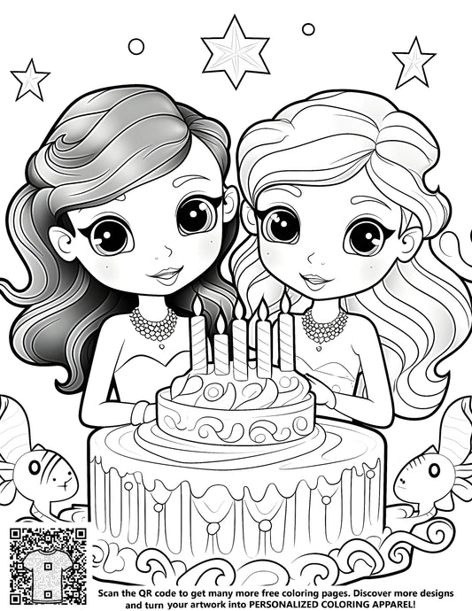 FREE Coloring Page: Two Girls Celebrating Birthday with Cake and Playful Animals - Download NOW