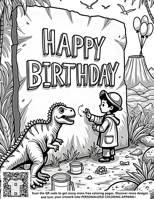 FREE Happy Birthday Boy and Dinosaur Coloring Page Printable Download