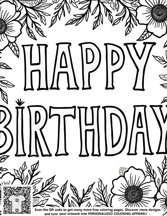 FREE Happy Birthday Coloring Page - Floral & Leaf Patterns - Printable Download