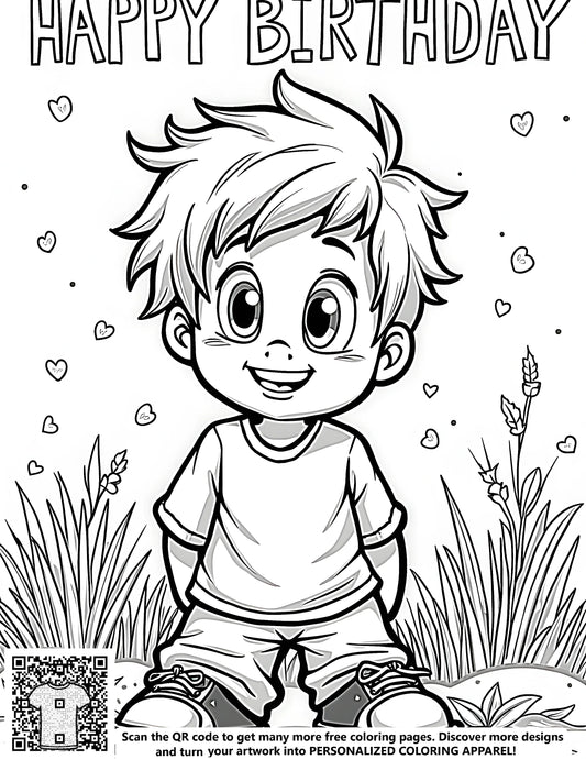 FREE Happy Birthday Coloring Page with Smiling Boy and Nature Background - Download NOW