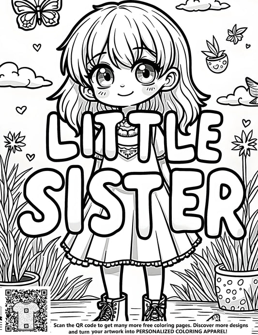 FREE Little Sister Coloring Page with Plants and Butterflies - Download NOW