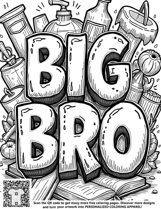 FREE BIG BRO Coloring Page with Household Items and Stationery - Printable Download