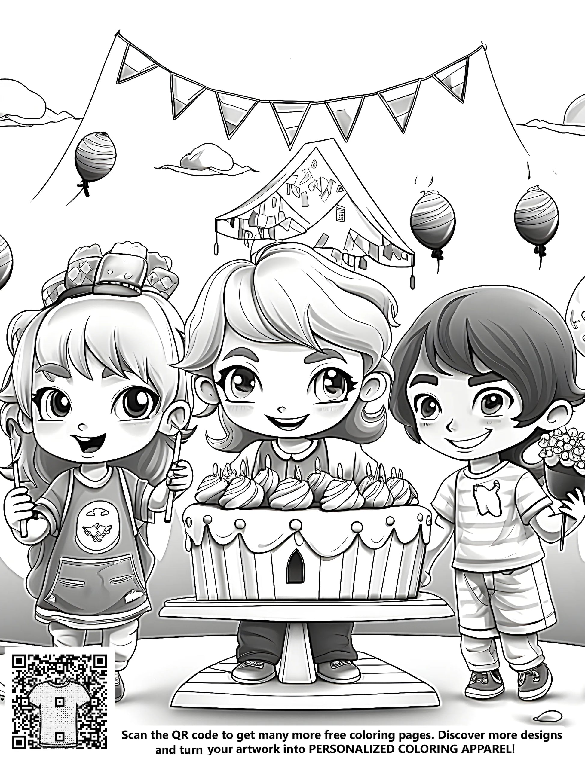 Coloring page of three happy kids celebrating birthday with cake and balloons