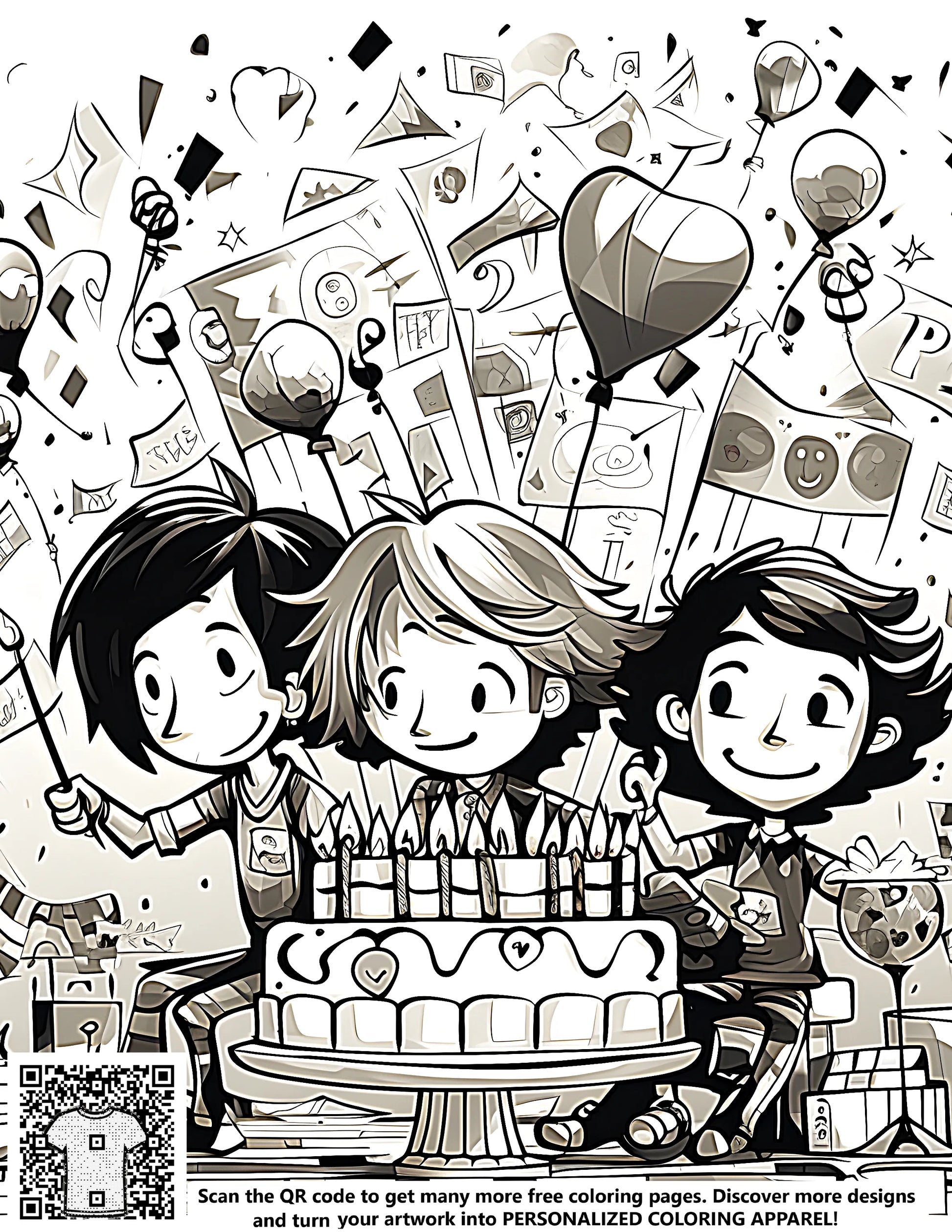 Children's birthday party coloring page illustrations for kids - free art print with balloons, cake, gifts and festive decorations