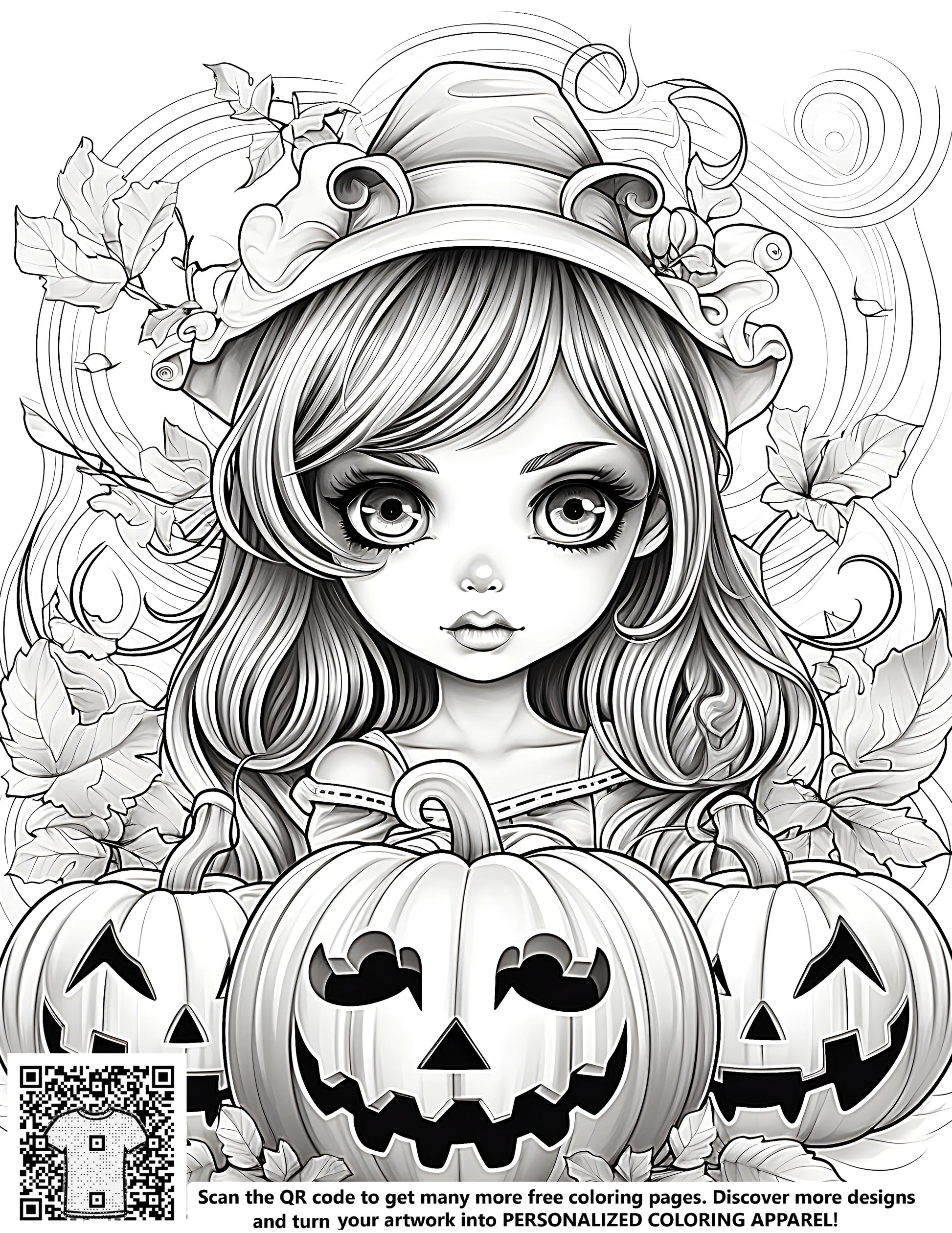 Coloring page of young witch surrounded by jack-o-lanterns and autumn leaves. Halloween themed free coloring page.
