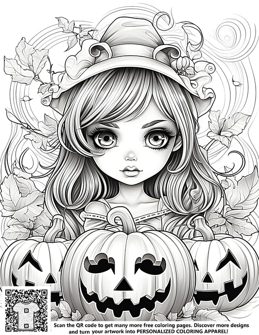 Coloring page of young witch surrounded by jack-o-lanterns and autumn leaves. Halloween themed free coloring page.