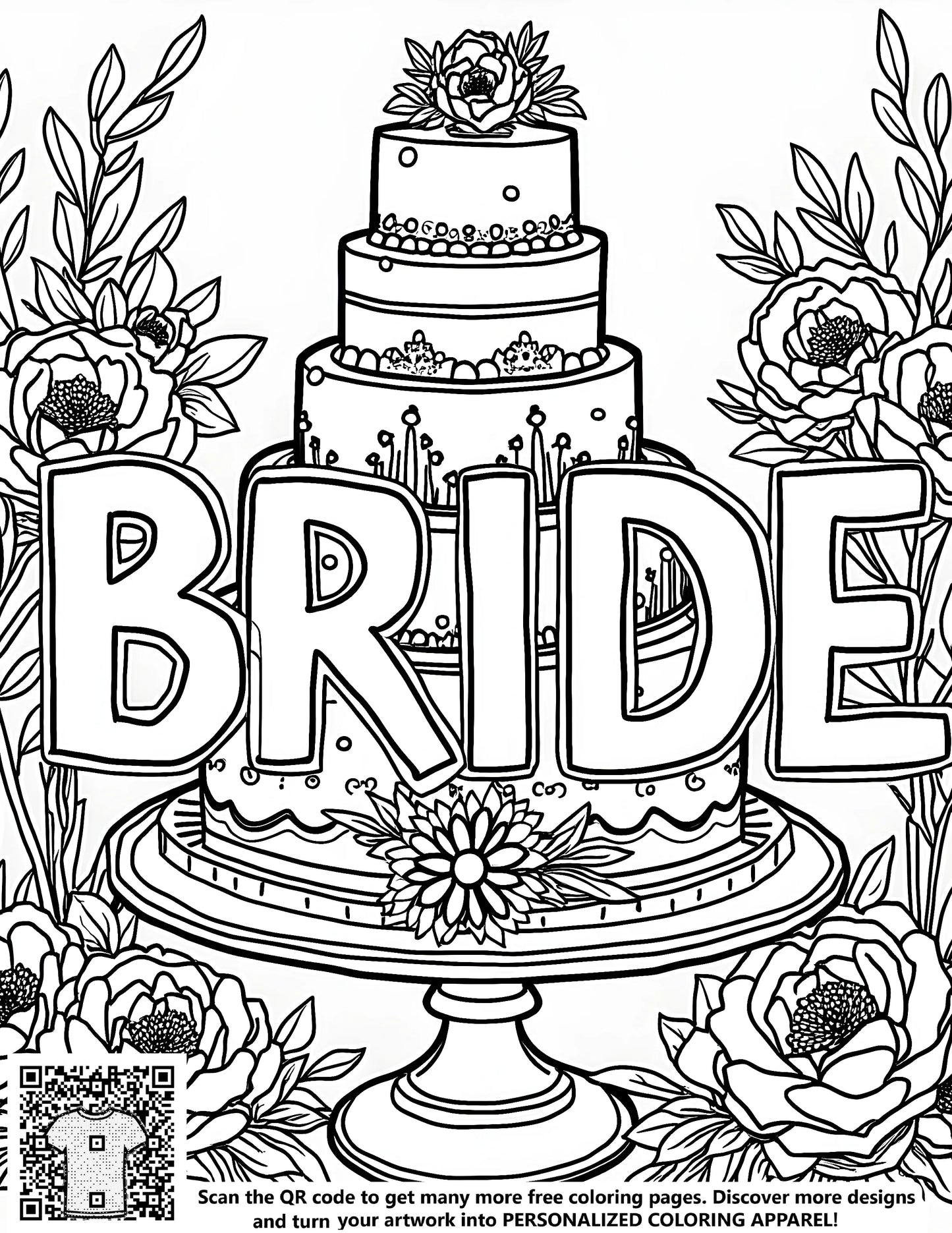 Wedding-themed coloring page art with bride cake design, free coloring page kit with 10 fabric markers