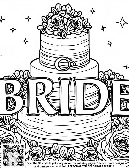 Wedding Cake Illustration coloring page for adults featuring bride cake design with flowers, black and white art, free printable
