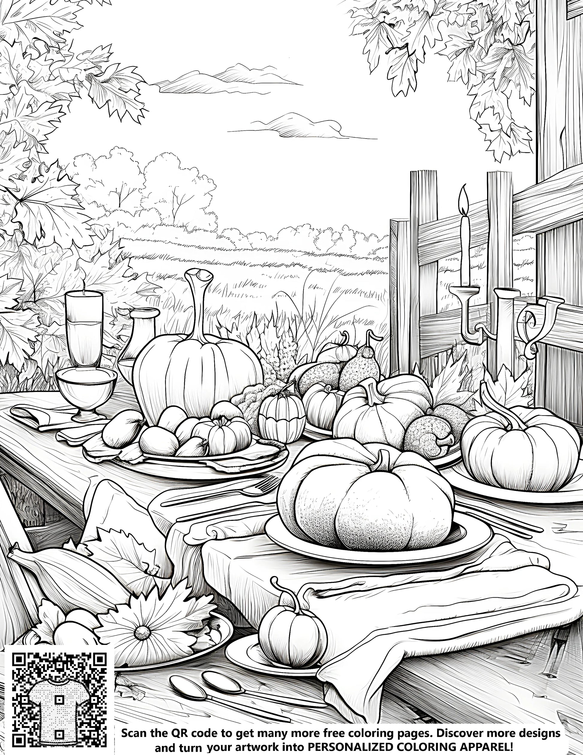 Autumn scene coloring page with pumpkins and fall leaves - Free printable art for kids