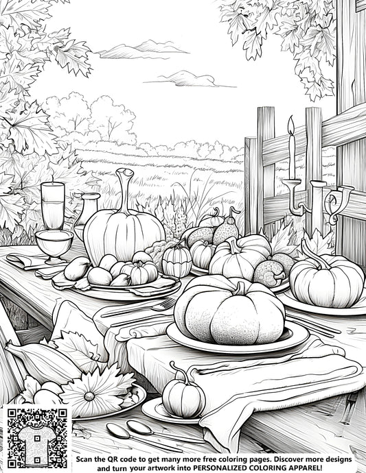 Autumn scene coloring page with pumpkins and fall leaves - Free printable art for kids