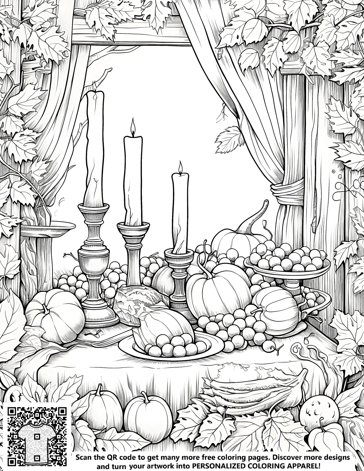 Autumn Harvest Table Setting Coloring Page, Fall Leaves, Pumpkins, Grapes and Candles Adult Coloring Book Design - Harvest Thanksgiving Celebration Ideas