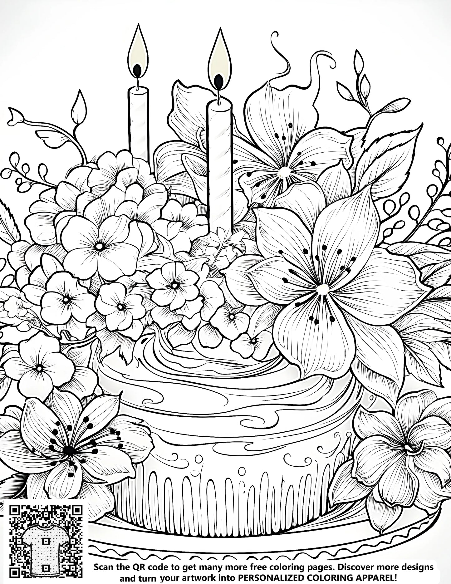 Detailed black and white outline drawings of birthday cakes adorned with flowers, free coloring pages for kids and adults