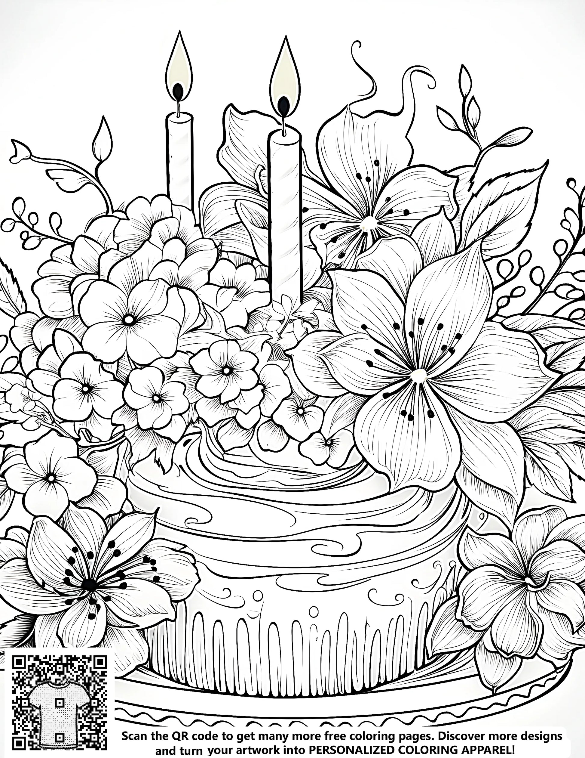 Detailed black and white outline drawings of birthday cakes adorned with flowers, free coloring pages for kids and adults