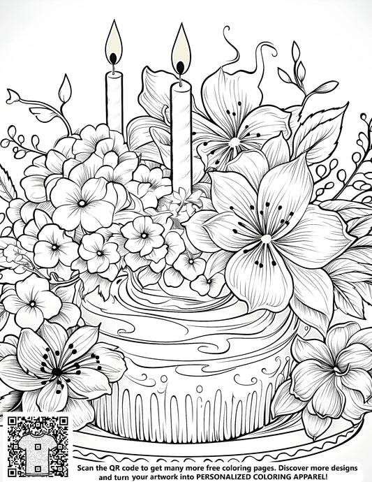 FREE Birthday Cake Coloring Page with Flowers and Candles - Download NOW