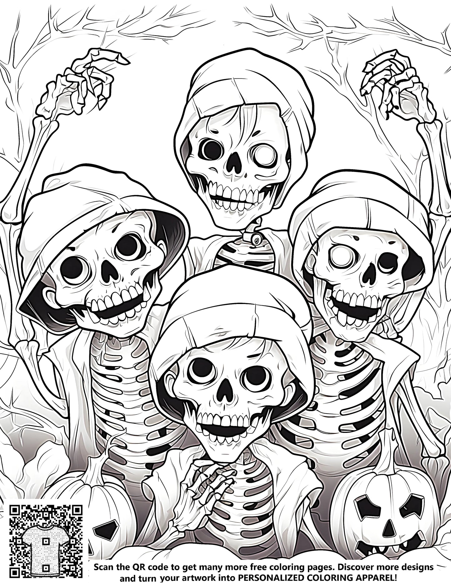 Spooky hooded skeletons and jack-o'-lanterns black and white illustration free coloring page art