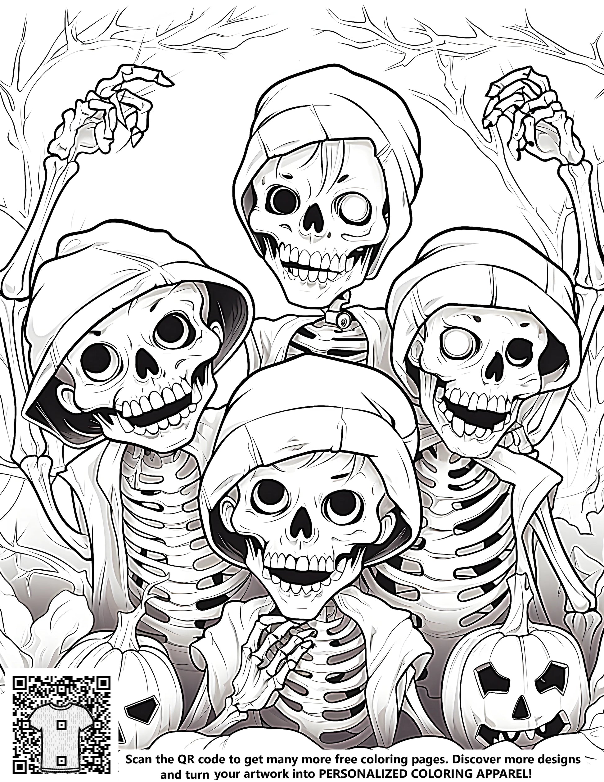 Spooky hooded skeletons and jack-o'-lanterns black and white illustration free coloring page art