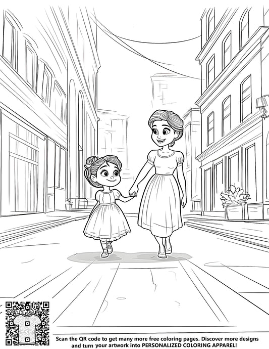 Free coloring page kit with outline drawing of mom and daughter, mom and kid, mother and child, girl and mom, daughter and mommy walking hand in hand on city street