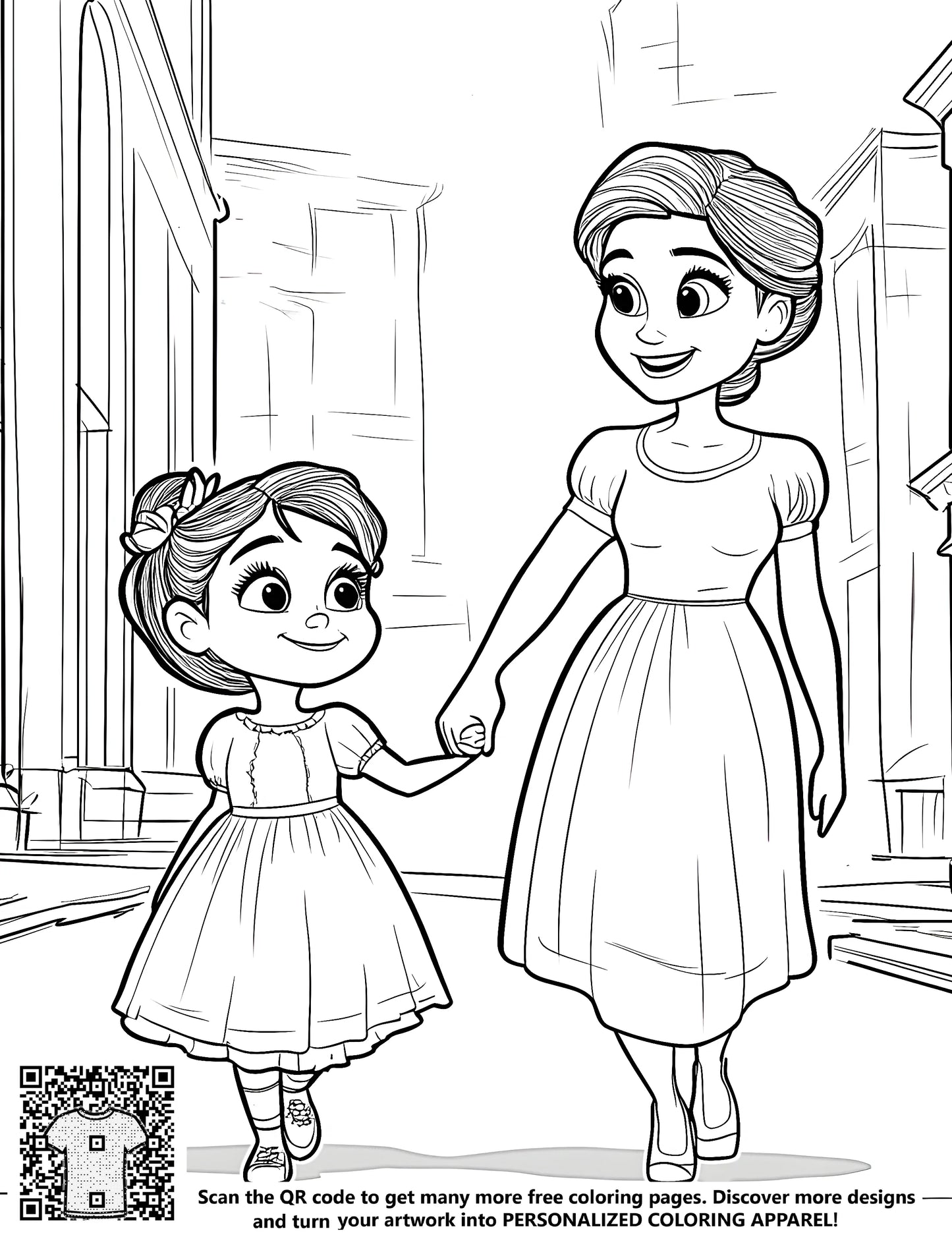 Free coloring pages for mothers and daughters to color together. Illustration of a mom and daughter holding hands