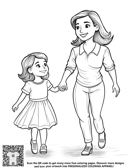 Colouring book page of mother and daughter holding hands illustration