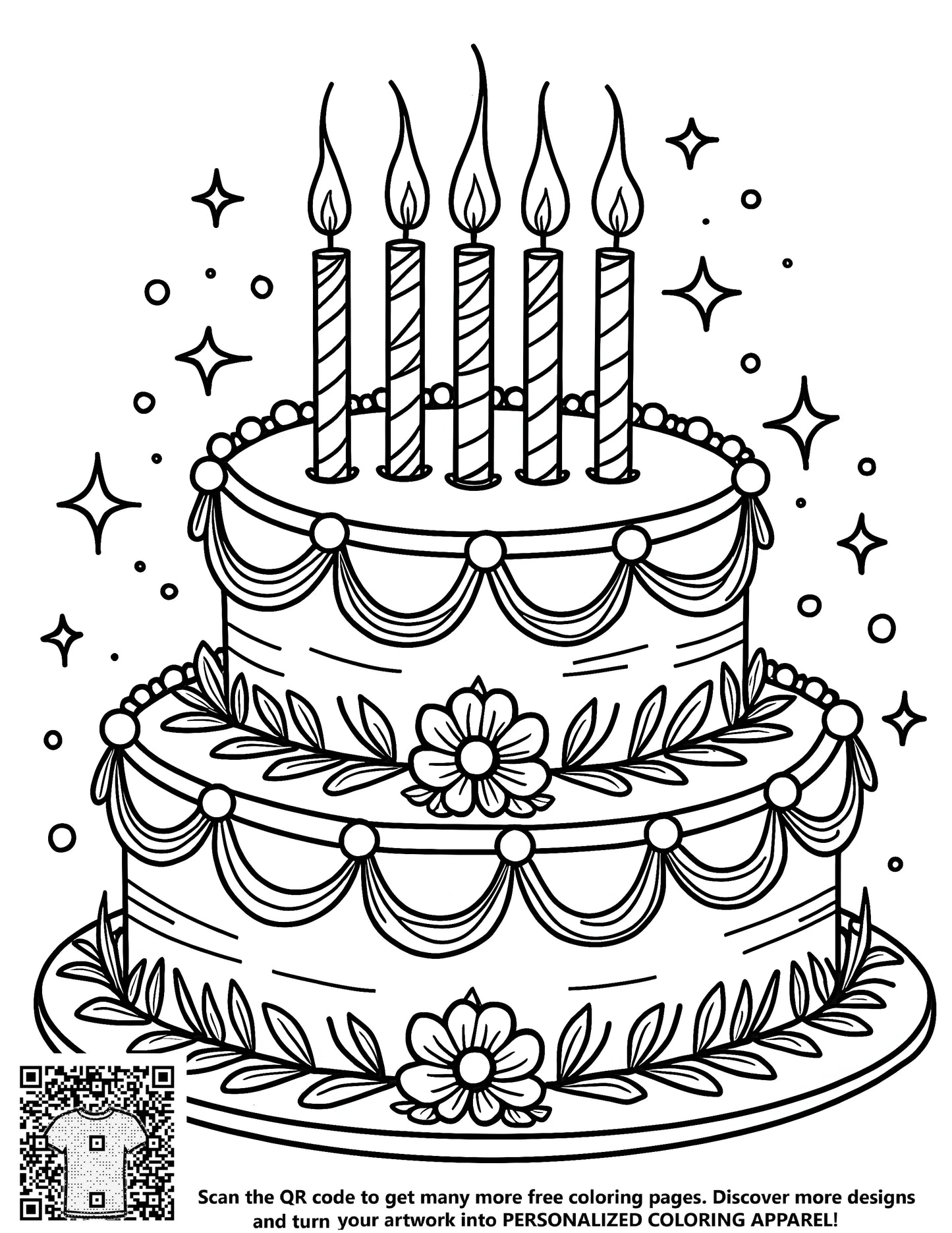 Birthday cake art coloring page, free printable colouring kit with 10 fabric markers, kids birthday party decor ideas, creative adult activity