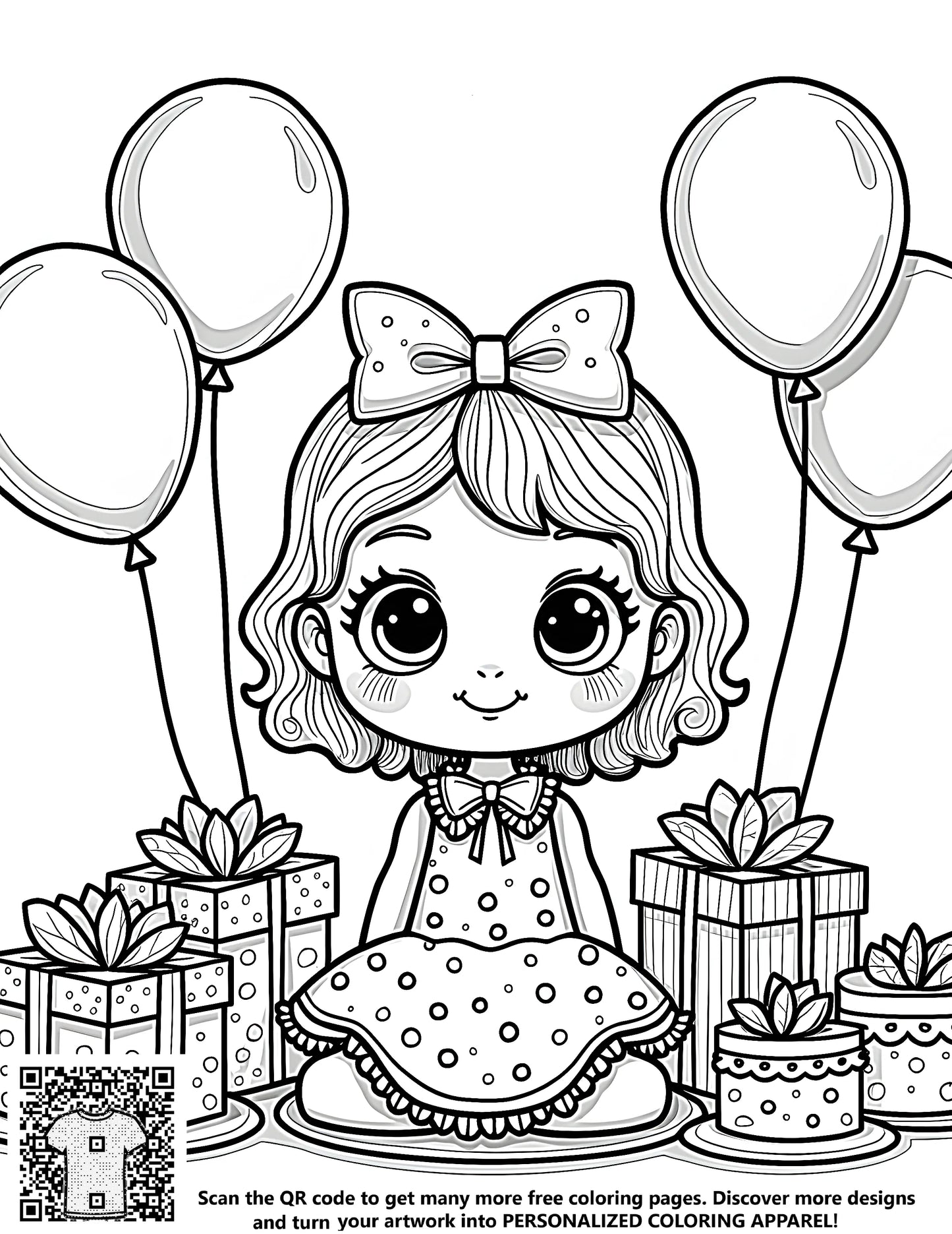 FREE Birthday Party Coloring Page - Cute Girl with Gifts & Balloons - Download NOW