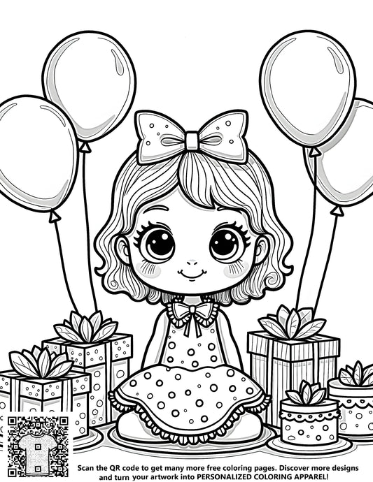 FREE Birthday Party Coloring Page - Cute Girl with Gifts & Balloons - Download NOW