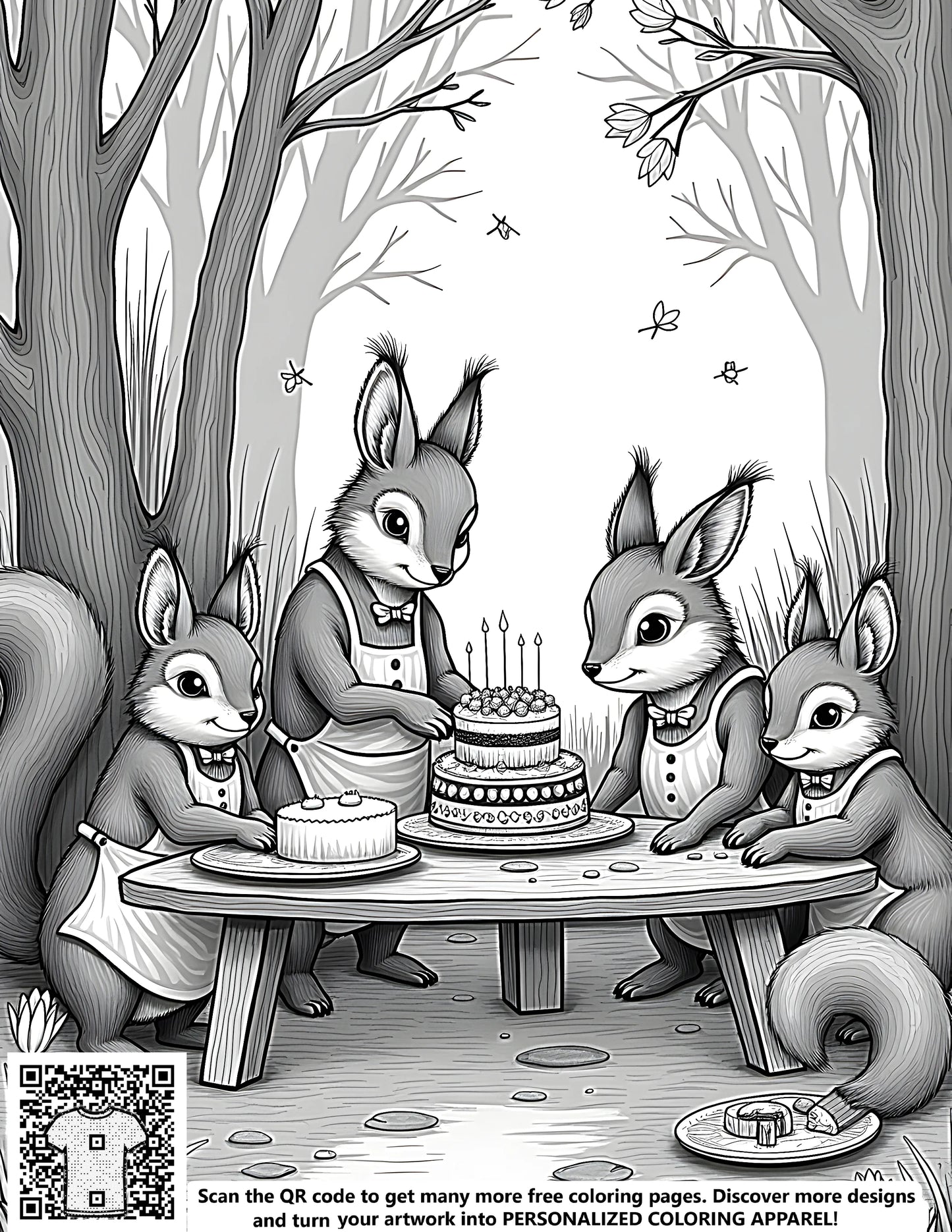 Four cute squirrels dressed in aprons gather around a table for a forest birthday party or celebration, surrounded by colorful cakes and treats. Great coloring page for kids and adults alike.
