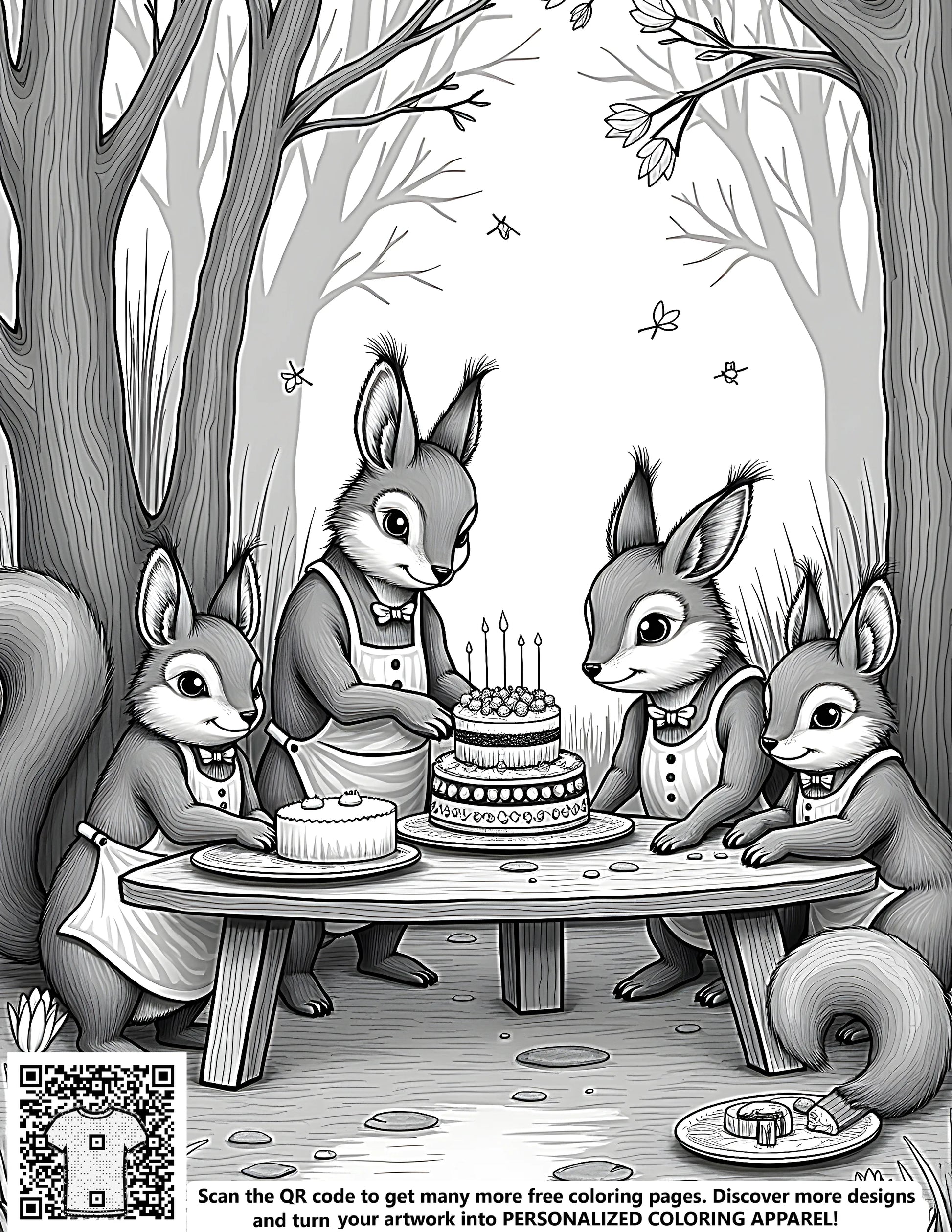 Four cute squirrels dressed in aprons gather around a table for a forest birthday party or celebration, surrounded by colorful cakes and treats. Great coloring page for kids and adults alike.