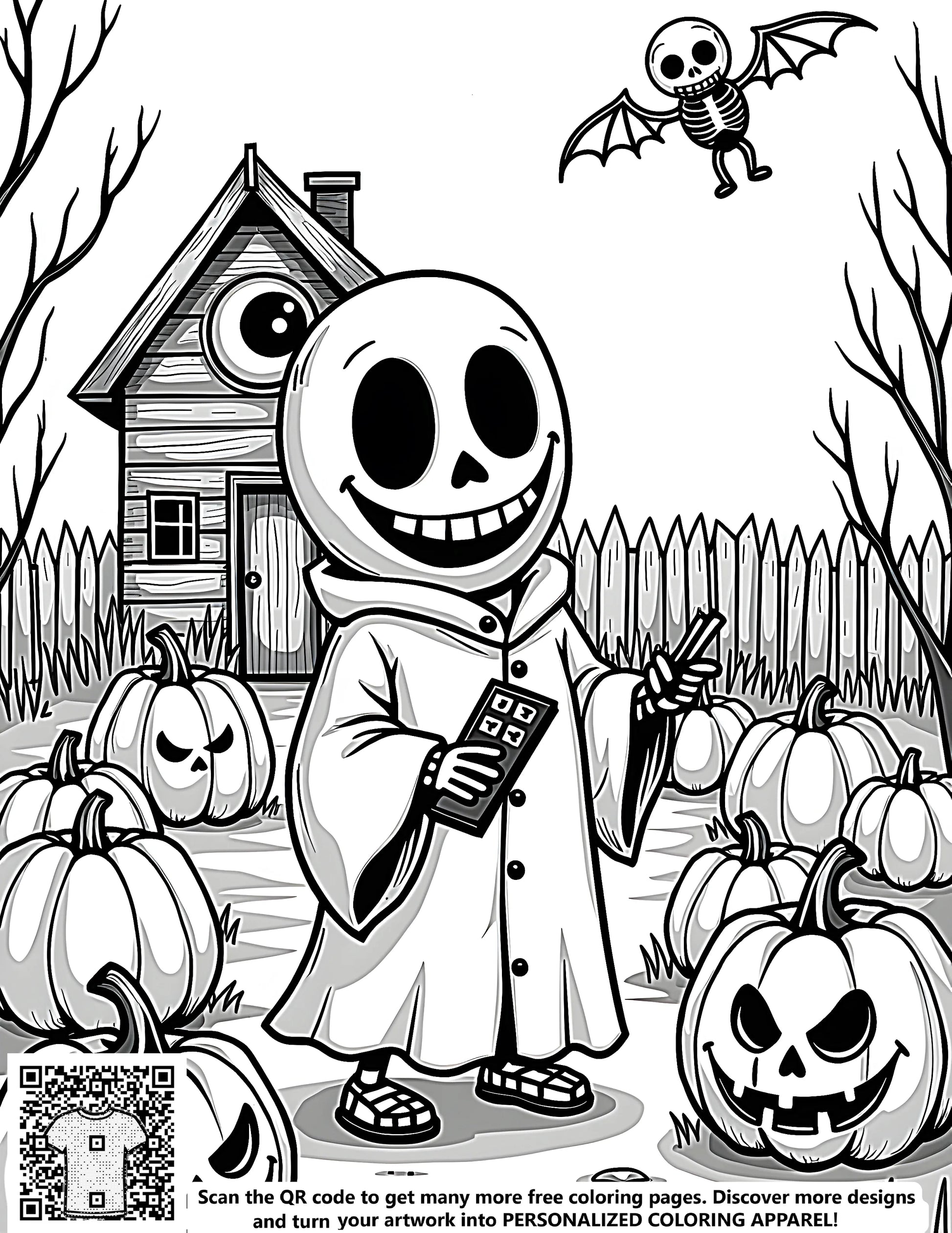 Free spooky coloring page printable art illustration Halloween themed