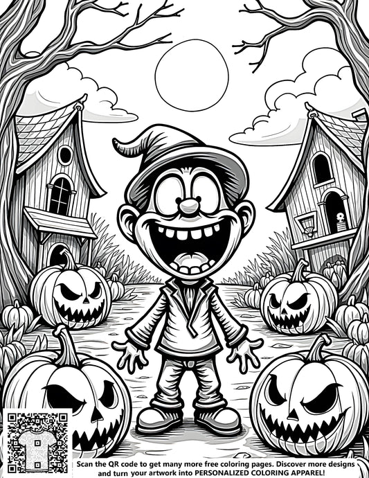 Coloring page with cartoon child in Halloween setting surrounded by gourds, squash and jack-o-lanterns for kids and adults