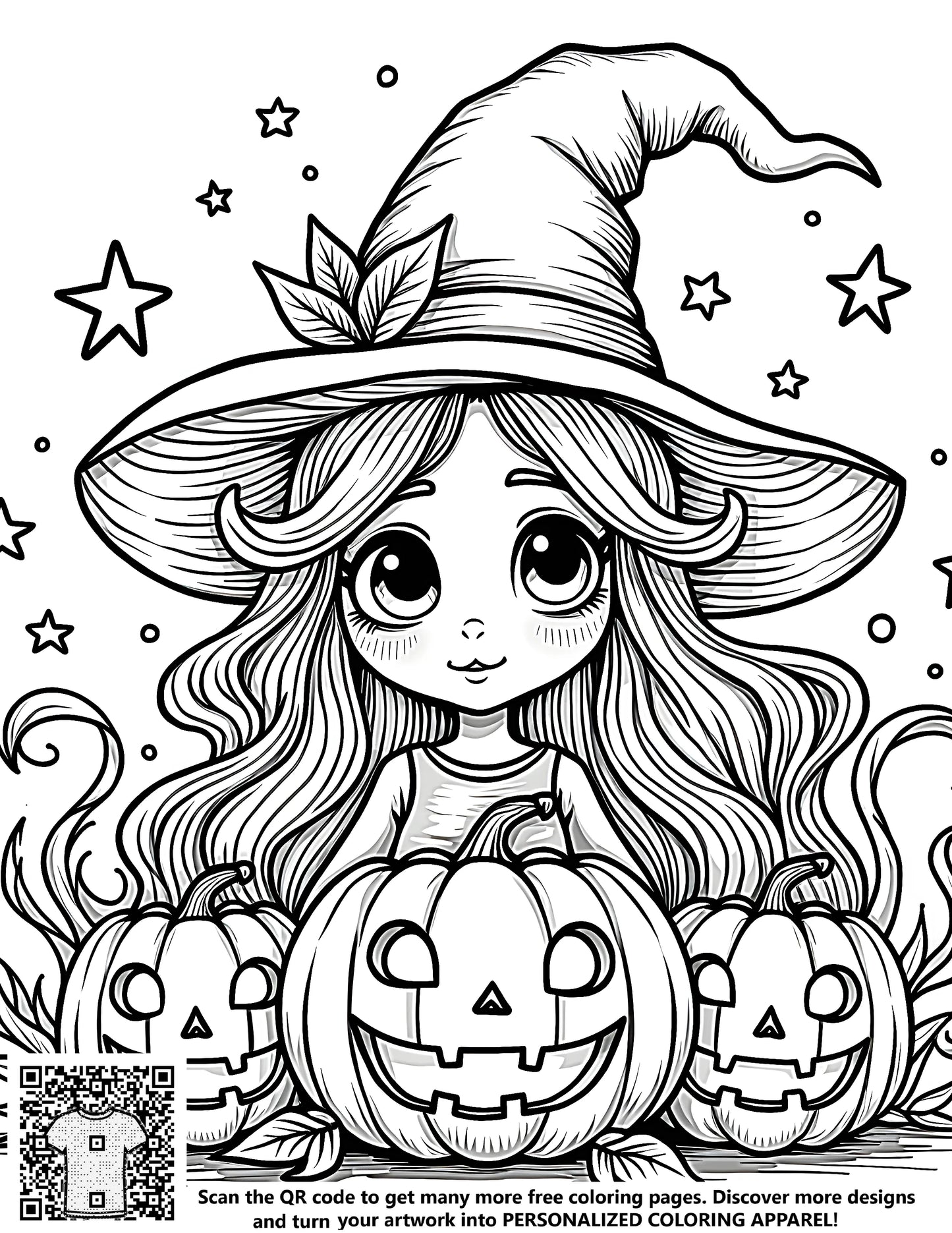Free coloring pages, witch girl art, halloween designs, pumpkins illustration, kid's activity, coloring kit
