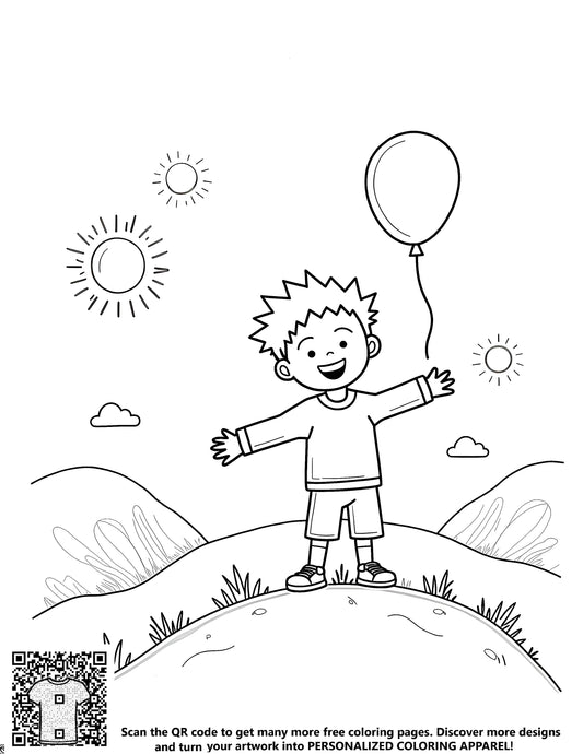 FREE Cheerful Boy with Balloon Coloring Page - Download NOW