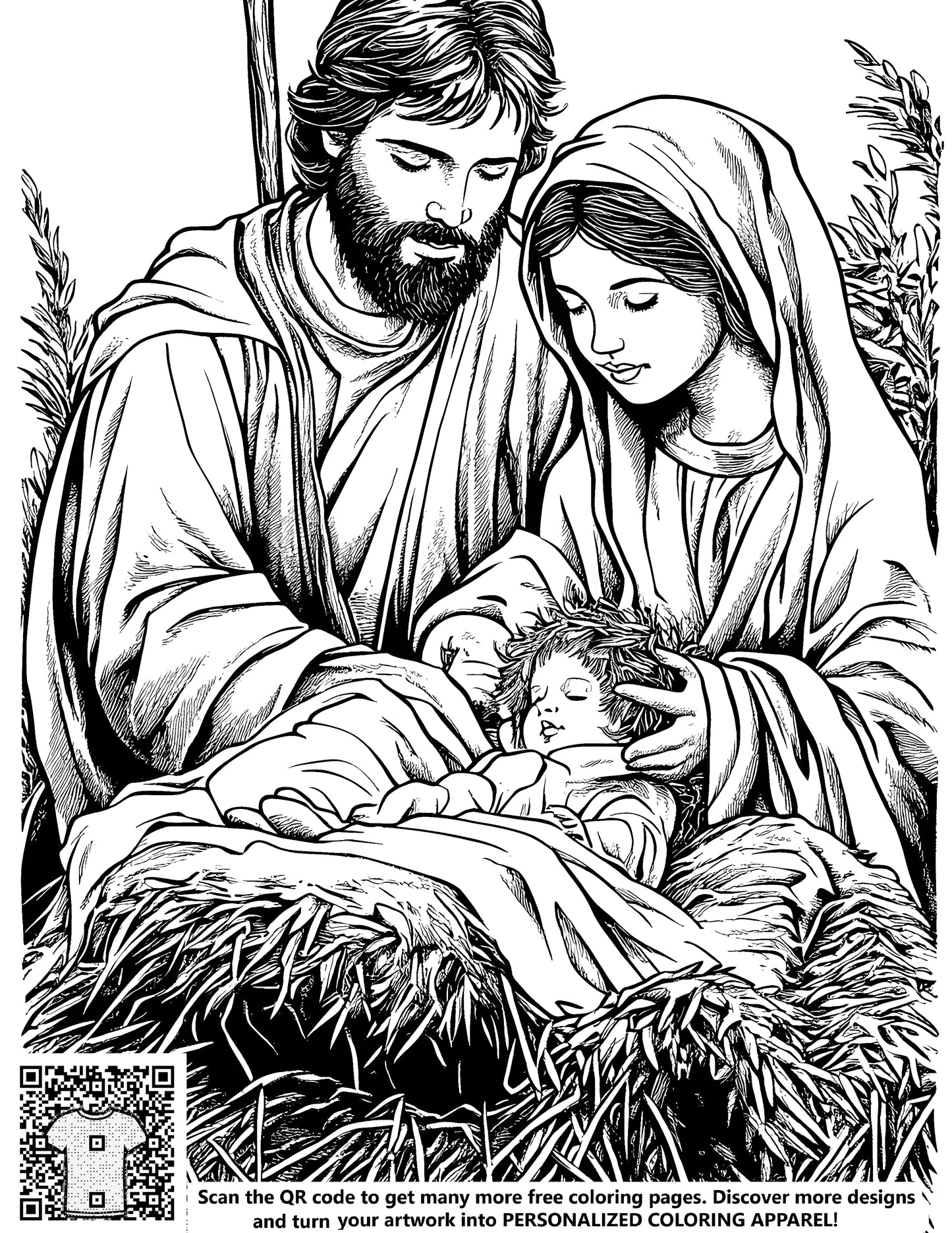 FREE Nativity Scene Coloring Page Download - Printable Mary, Joseph, and Baby Jesus Illustration