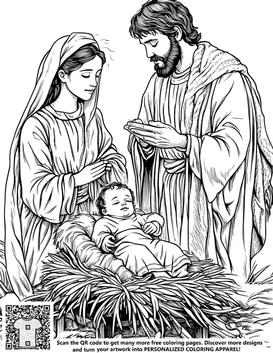 FREE Nativity Scene Coloring Page Download - Mary, Joseph, and Baby Jesus
