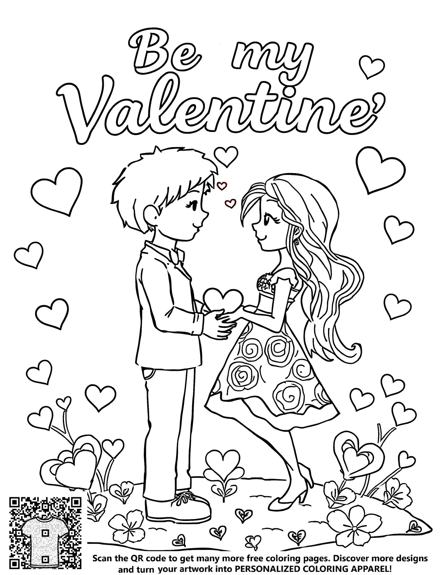 FREE Valentine's Day Coloring Page - Cartoon Couple with Hearts & Flowers - Download NOW