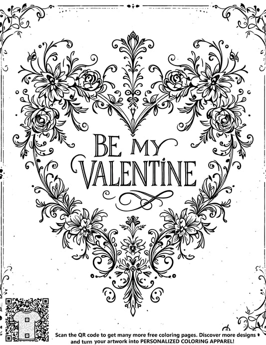 FREE Be My Valentine Heart Floral Coloring Page - Download NOW