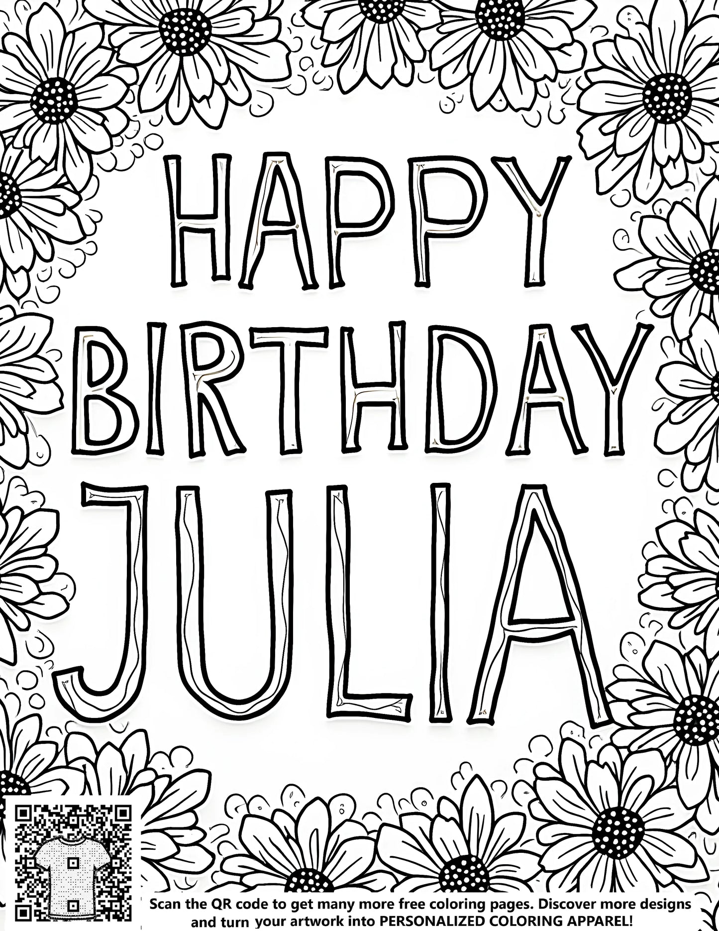 FREE Birthday Coloring Page - Happy Birthday Julia Floral Border | Download NOW