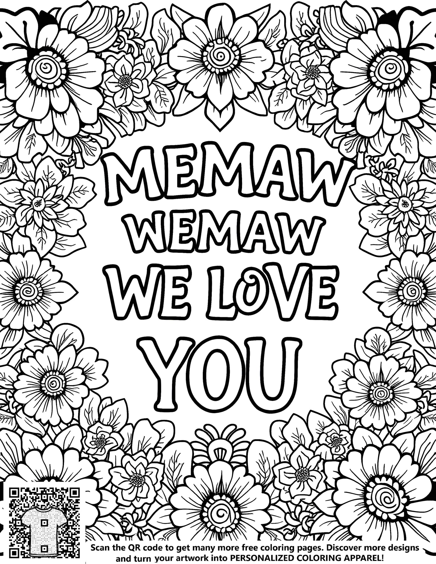 FREE Floral Coloring Page - Memaw We Love You Printable Download