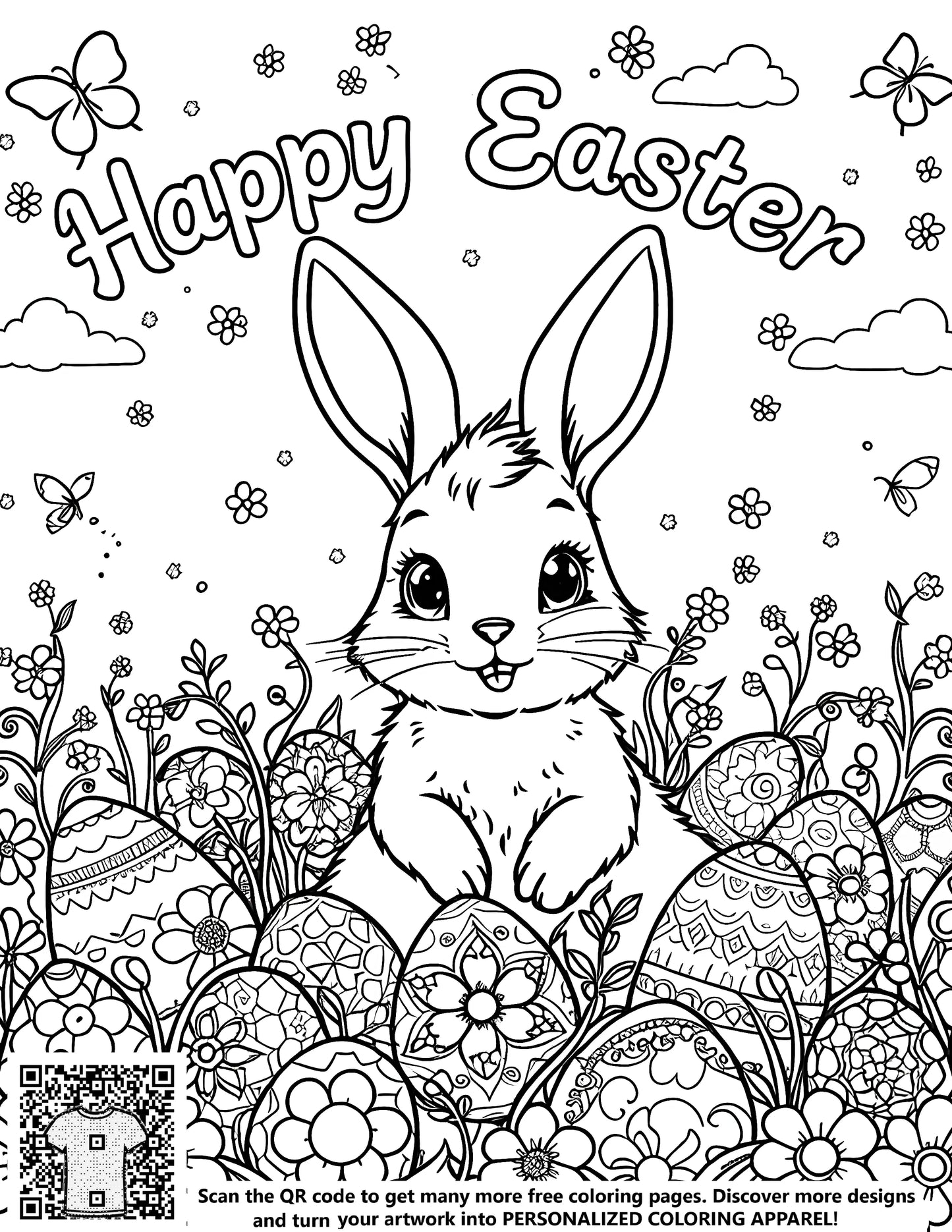 FREE Easter Bunny Coloring Page Download - Printable Garden Scene with Eggs and Butterflies