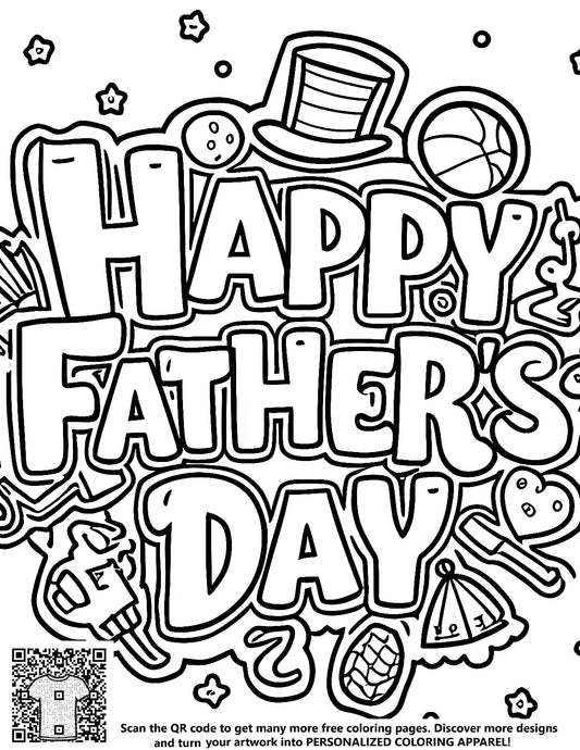 FREE Father's Day Coloring Page Download NOW - Happy Father's Day with Hats Basketballs and Stars