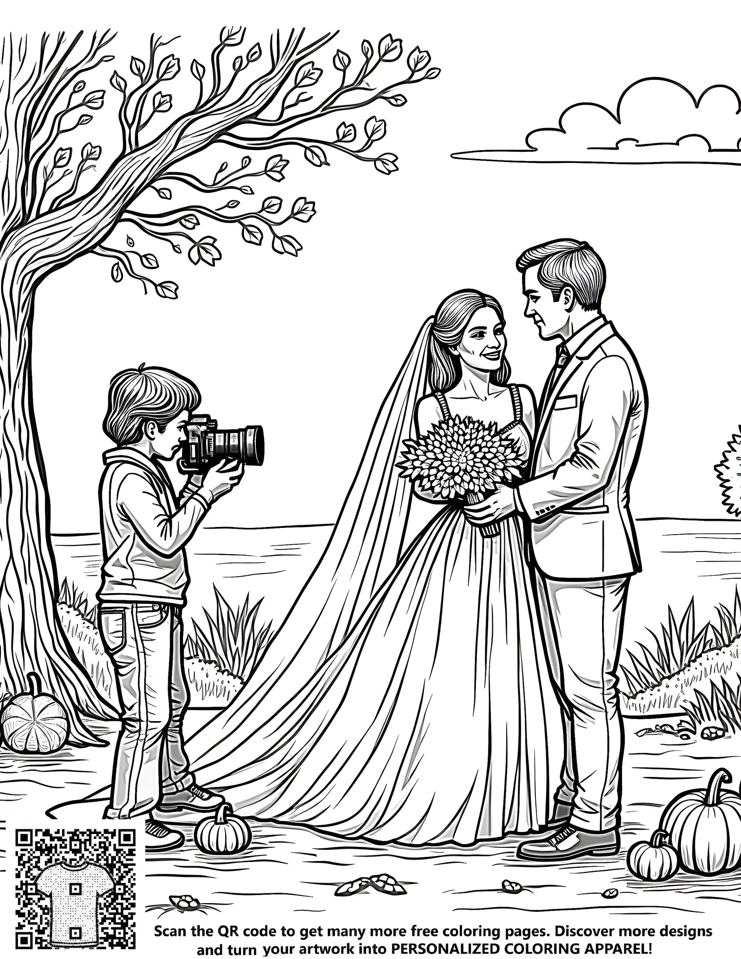 FREE Fall Wedding Coloring Page Download - Capture the Moment with Pumpkins and Trees