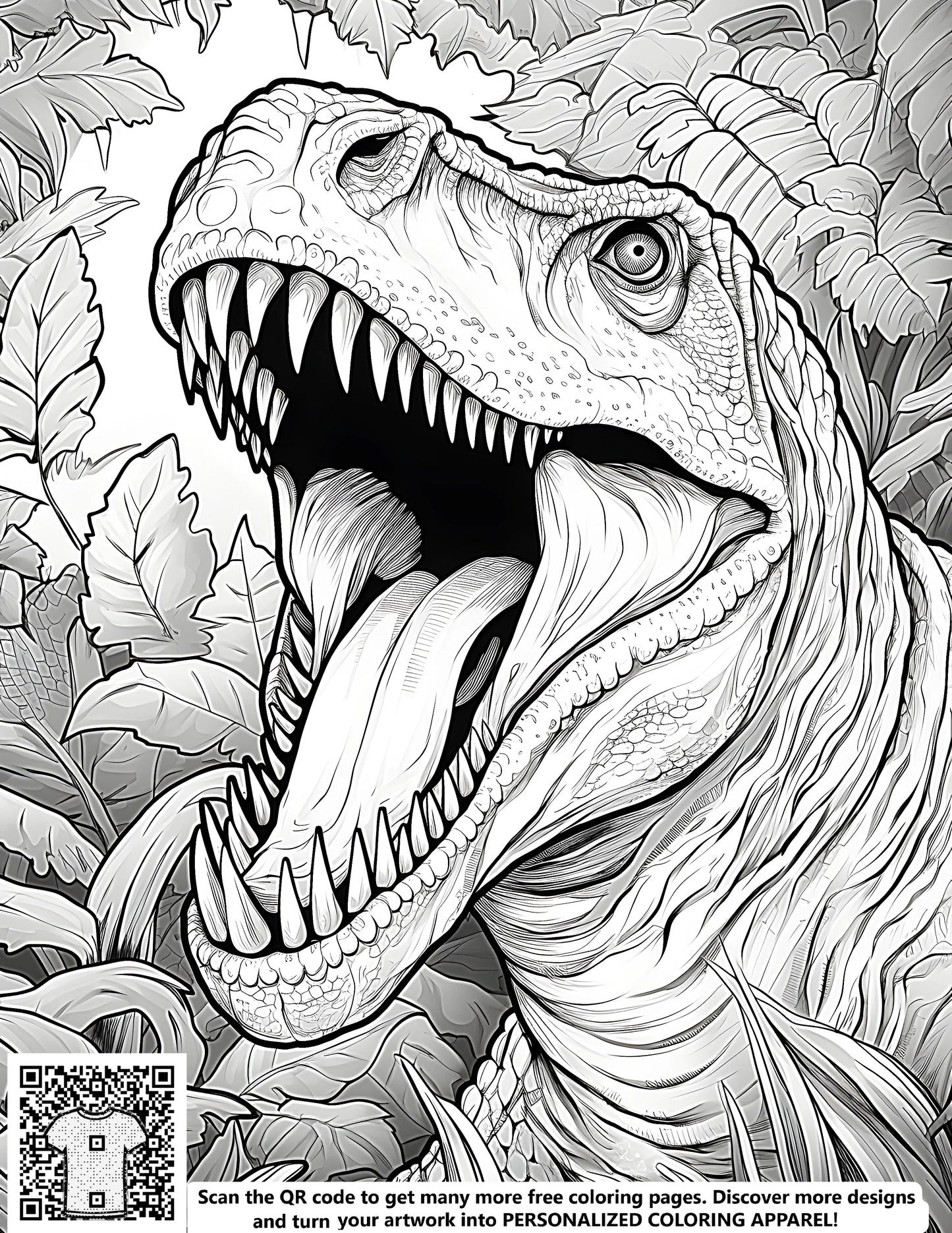 Coloring page of a prehistoric dinosaur, Tyrannosaurus Rex illustration, detailed drawing of a T-Rex roaring with sharp teeth, jungle plants surround the scene