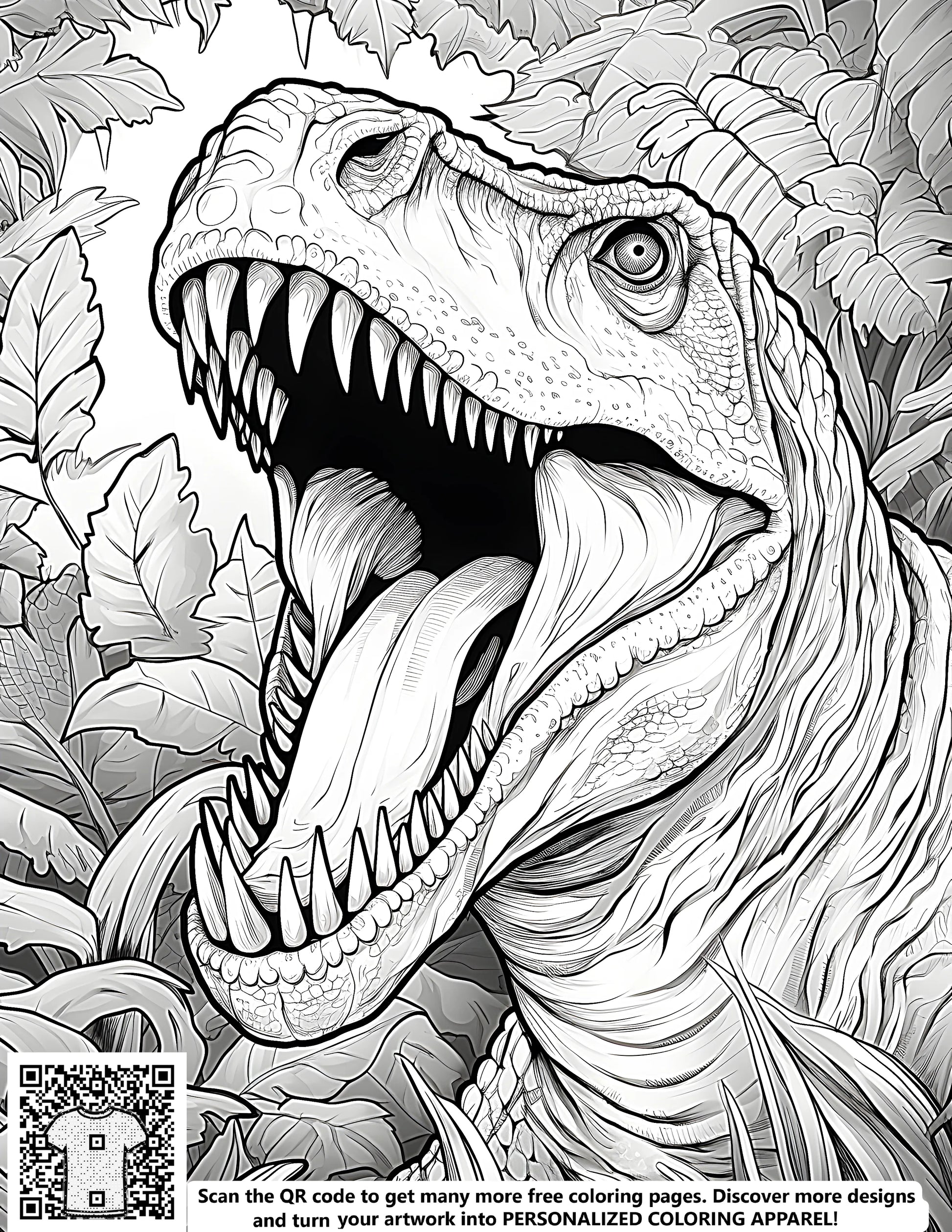 Coloring page of a prehistoric dinosaur, Tyrannosaurus Rex illustration, detailed drawing of a T-Rex roaring with sharp teeth, jungle plants surround the scene