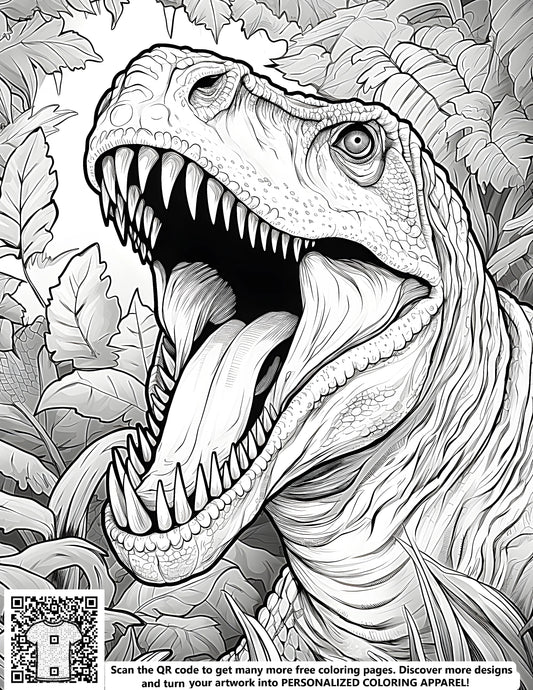 Coloring page of a prehistoric dinosaur, Tyrannosaurus Rex illustration, detailed drawing of a T-Rex roaring with sharp teeth, jungle plants surround the scene